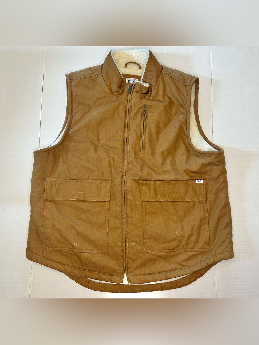 LEE Mens Sherpa Lined Workwear Canvas Vest Size XL Brown Tan Zip Pockets Outdoor